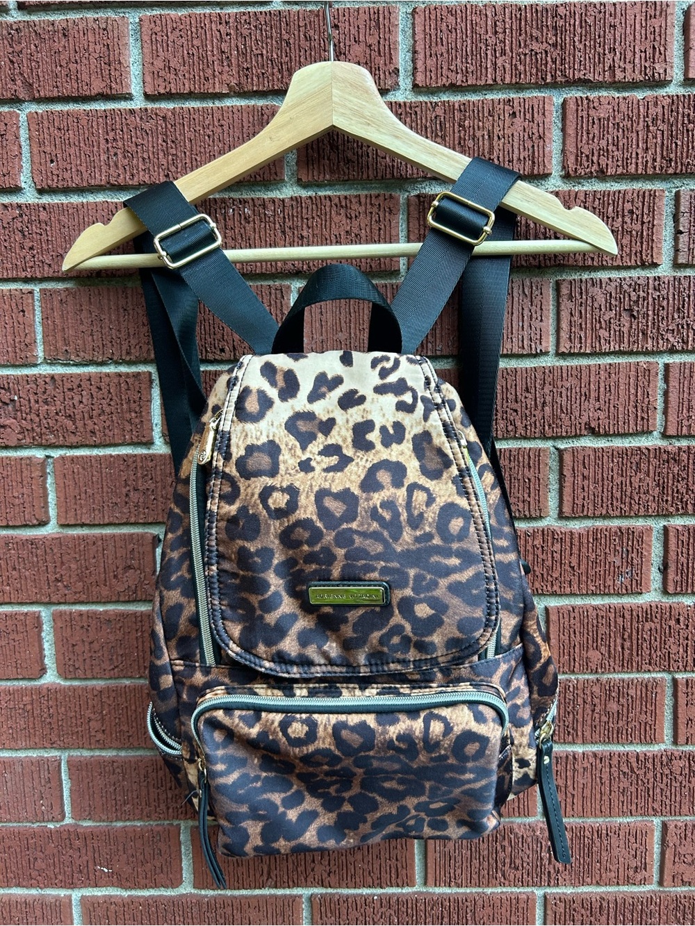 Adrienne Vittadini Leopard Print Multi-Zip Backpack Brown Black
